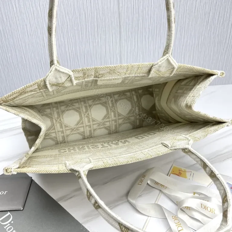 View 6 of Beige Structured Tote: Dior-Patterned Carryall with Signature Handles