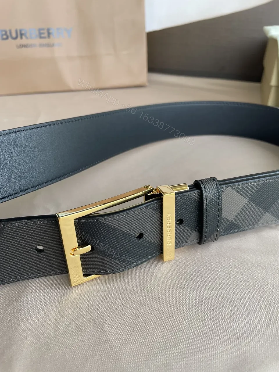 View 5 of Patterned Luxury Belt: Checkerboard, Gold Buckle, Leather Waistwear