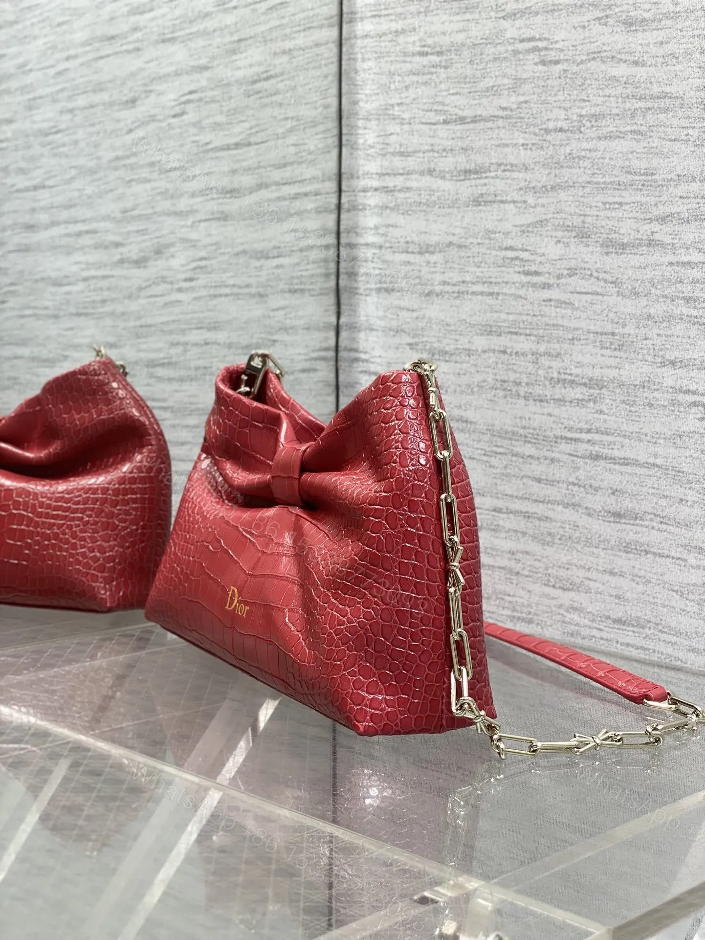 View 3 of Dior Bow Bag Small Red Crocodile-Embossed
