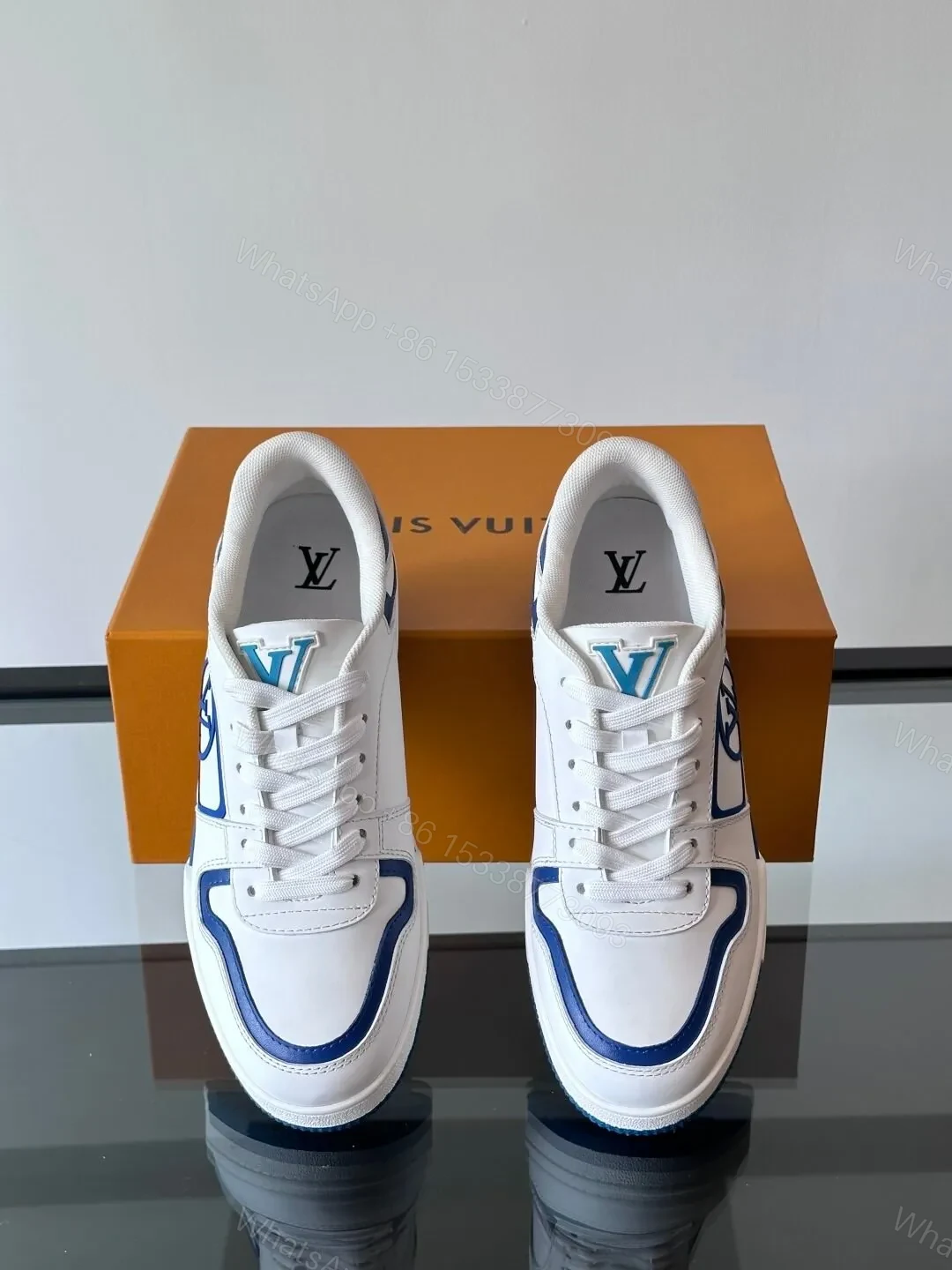 View 4 of LV Men White Blue Leather Sneakers