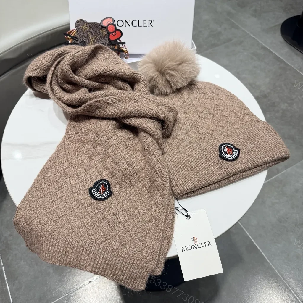 View 6 of Camel Knit Set: Plush Beanie & Scarf with Crest Detailing