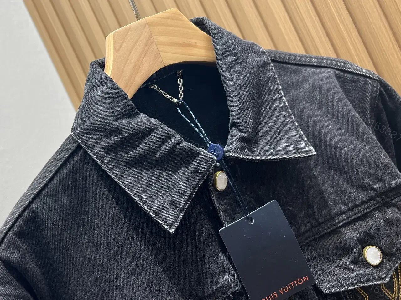View 8 of Oversized Black Denim Jacket with Gold Monogram Embroidery