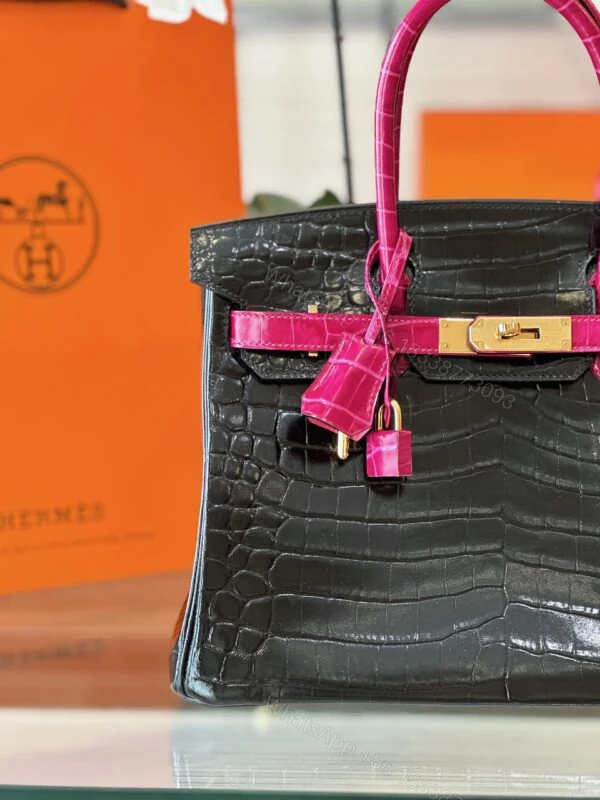 View 2 of Hermes Birkin 30 Black/Pink Genuine Crocodile Leather – Custom Made