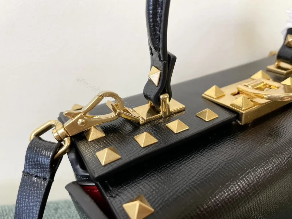 View 2 of Bold Black Leather Handbag with Gold Studs - Valentino Style Bag
