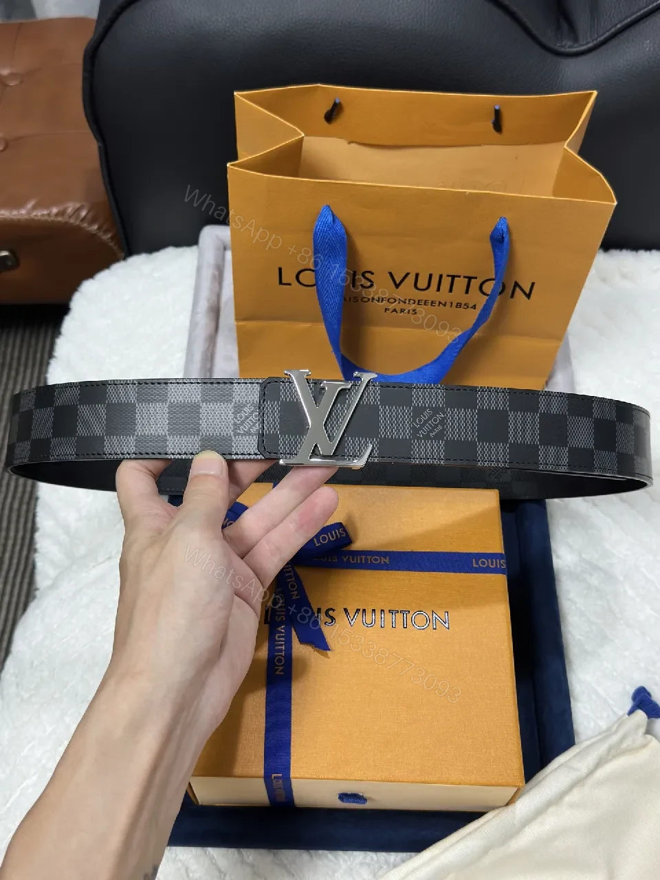 View 3 of Checkerboard Leather Belt with Signature Buckle — Modern Luxury Belt