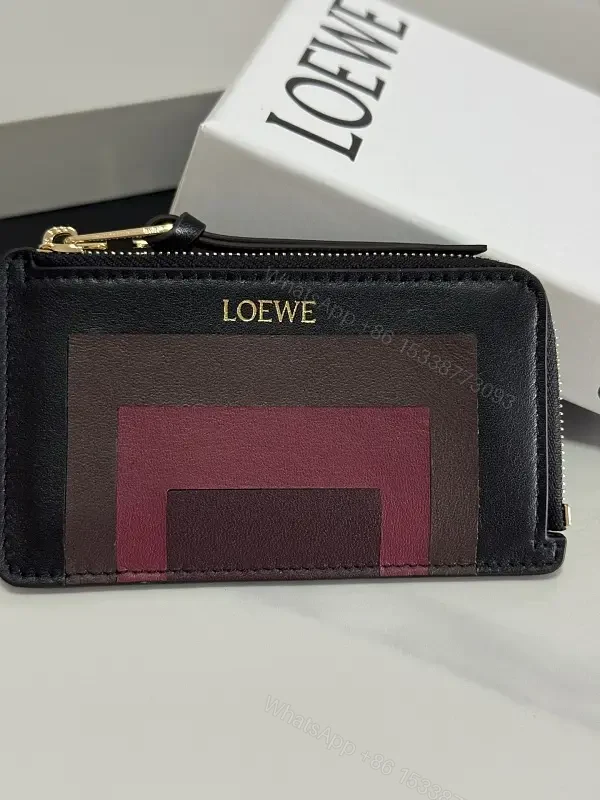 Black Leather Color-Block Card Wallet with Gold Zipper and LOEWE Logo — view 1