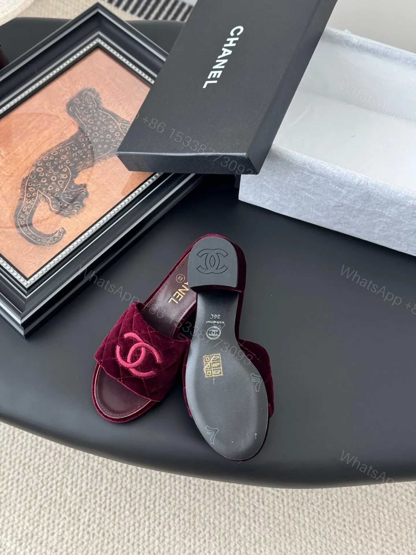 View 4 of Chanel Women Burgundy Velvet Slide Sandals