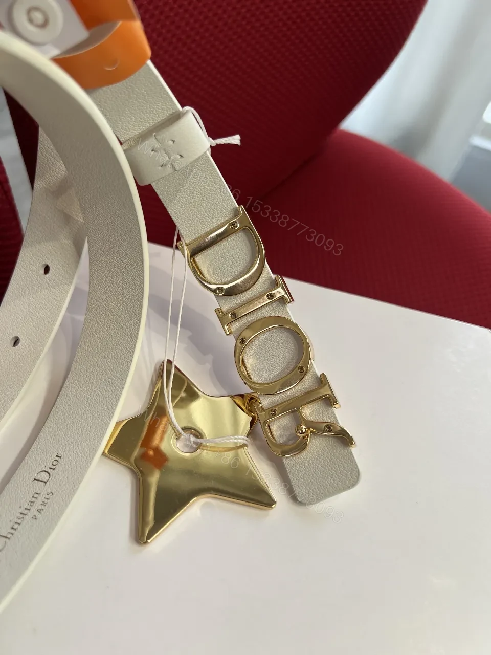 View 9 of Minimalist White Strap Belt with Gold DIOR Lettering