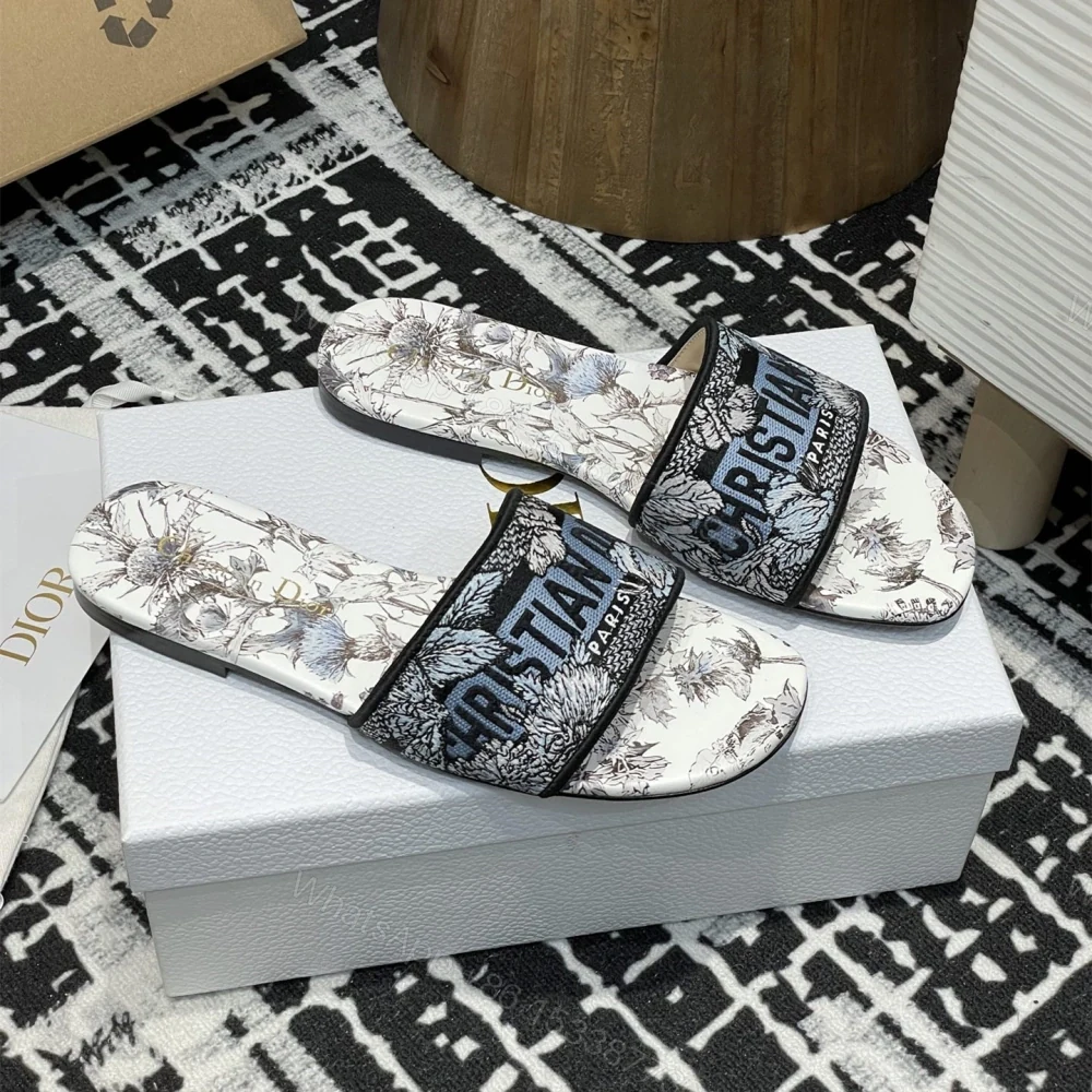高仿Dior*Dway系列KCO214圓頭套腳拖鞋平底藍色彩花免檢版 — view 1