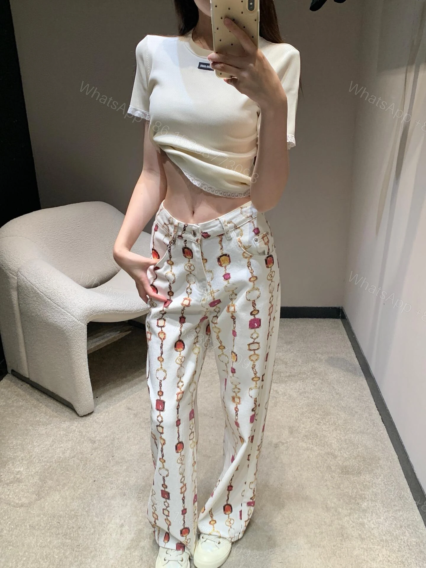 LV 原單寬鬆長褲 白色寶石鏈條印花直筒褲 — view 1