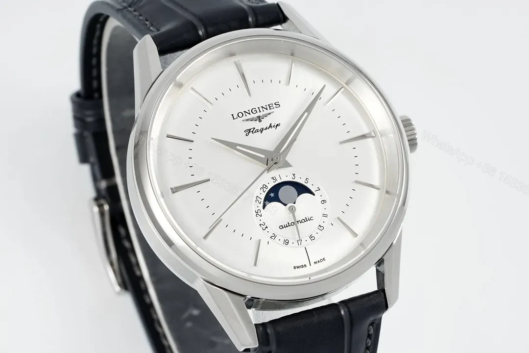 View 2 of Longines Classic Flagship Moonphase Watch Silver Dial Black Leather Strap
