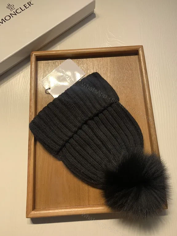 View 6 of Moncler Wool-Blend Beanie with Faux-Fur Pom, Black, Luxury Style