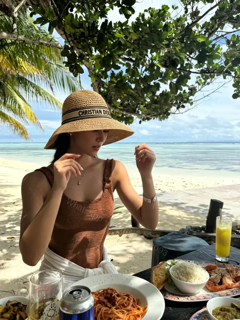 View 10 of Natural Tan Straw Hat • Crochet Lattice Texture • Boater Style • Wide Brim Sun Hat with Dior Band • Product Type: Hat