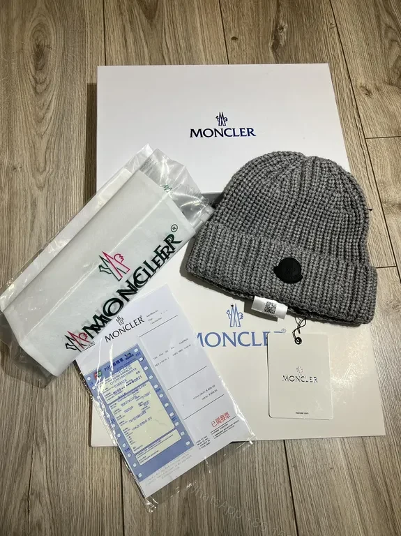 View 5 of Caramel Knit Beanie: Moncler Ribbed Wool Style, Logo Patch, Unisex