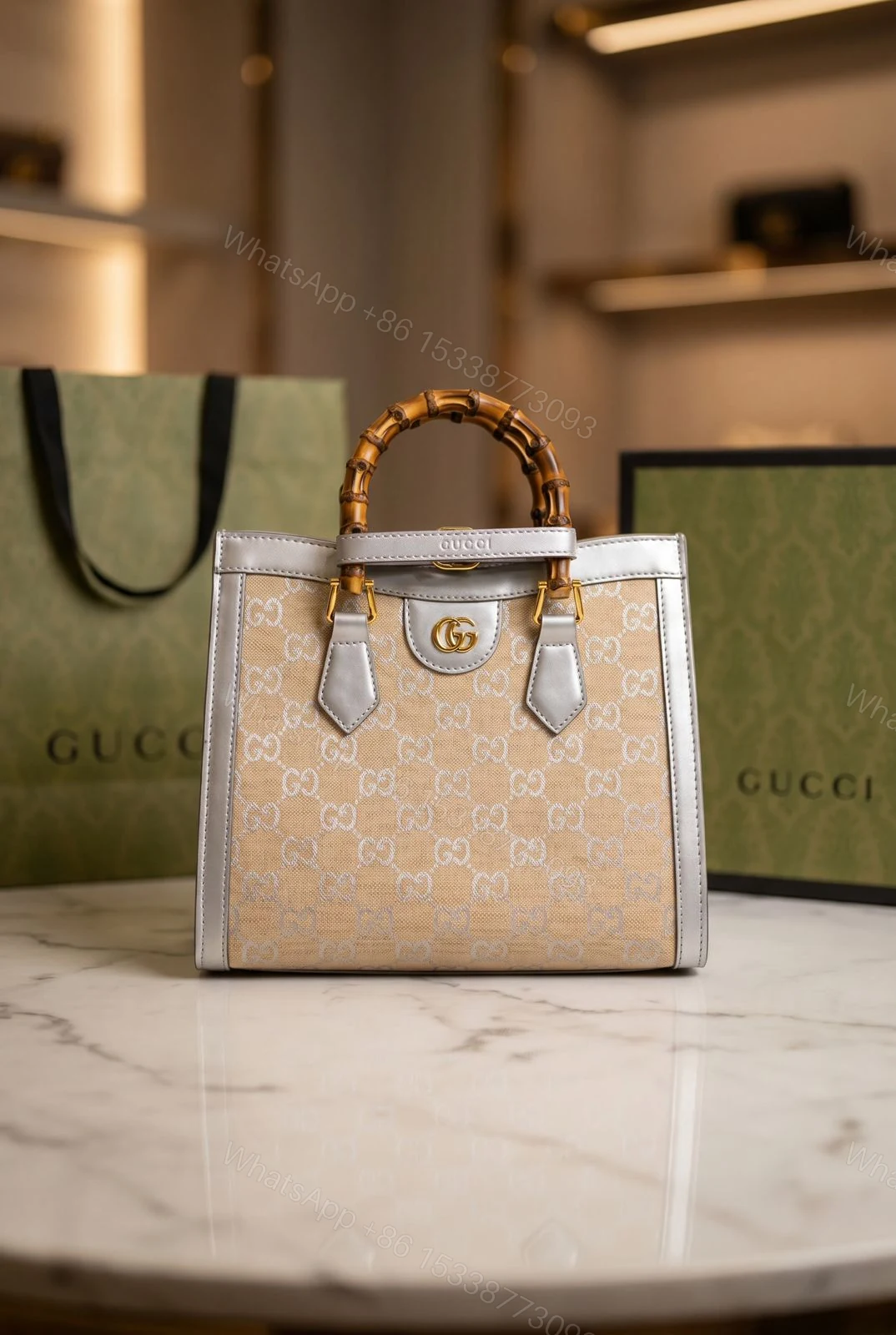 View 3 of Gucci Diana Large Tote Bag GG Canvas Silver Trim Leather First Copy | 12@ AAA+ Replica