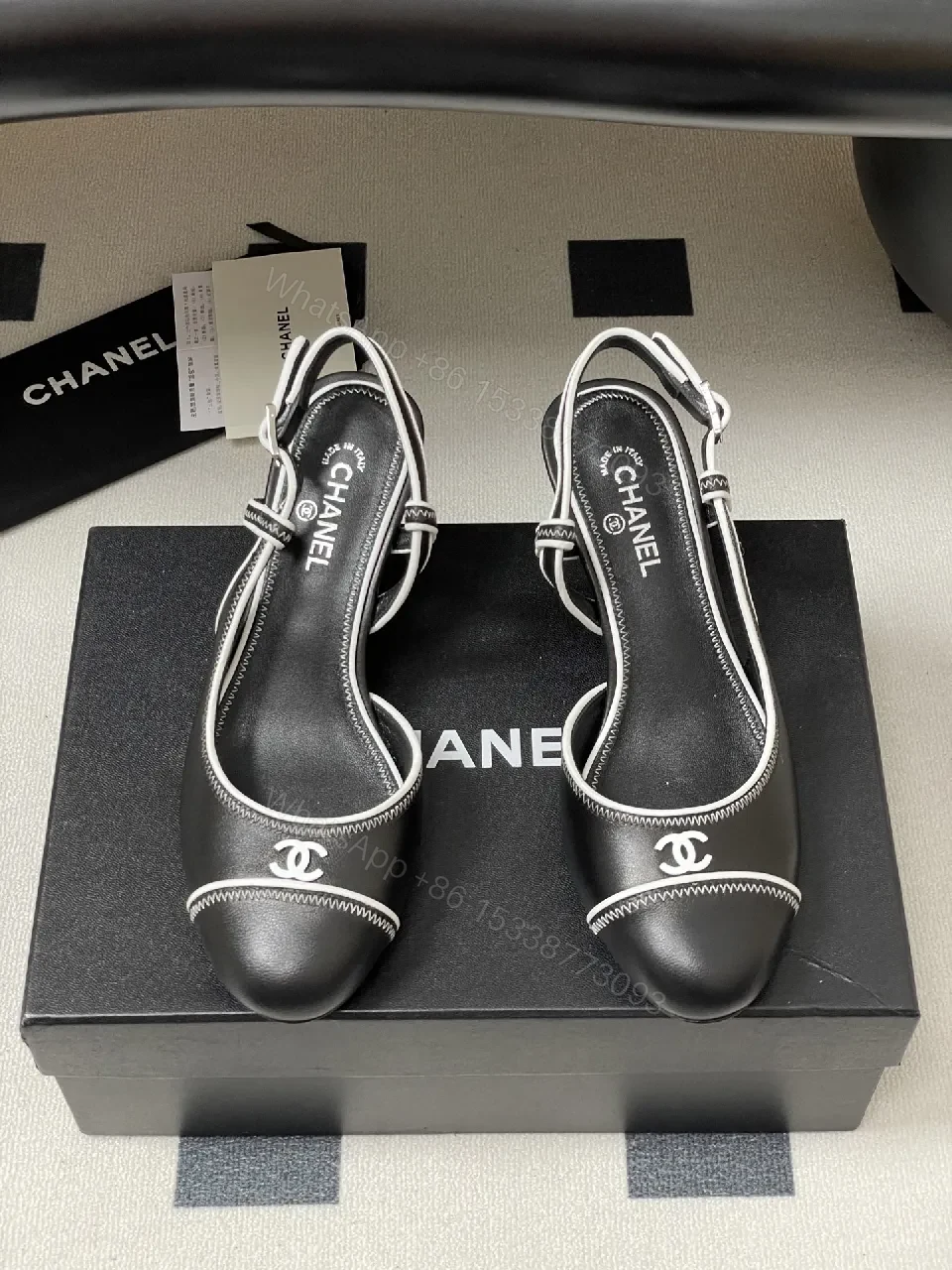 View 2 of Satin-Lace Slingback Heels with Signature Stitch Detail