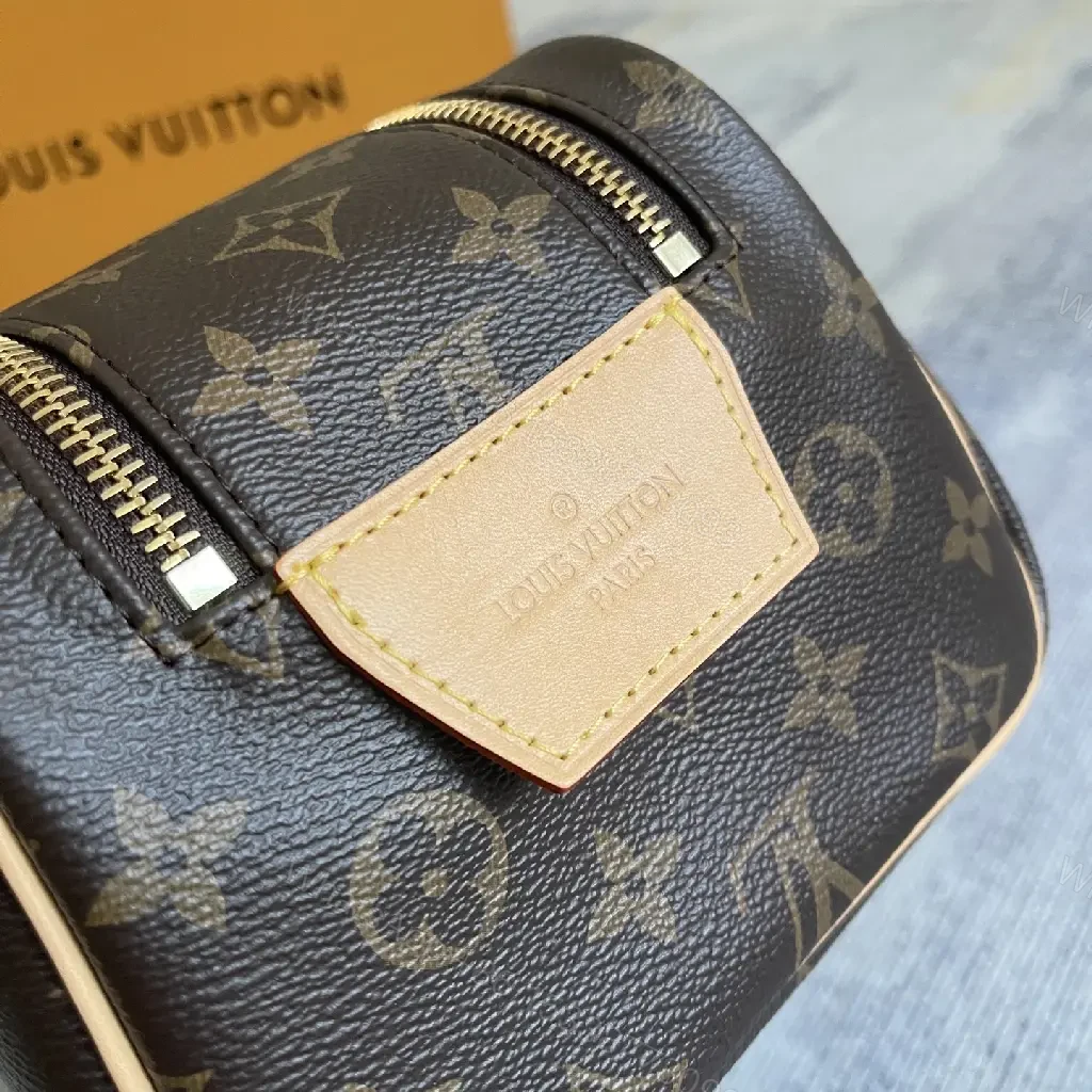 View 9 of Brown Leather-Toned LV Monogram Cosmetic Pouch with Gold Zipper