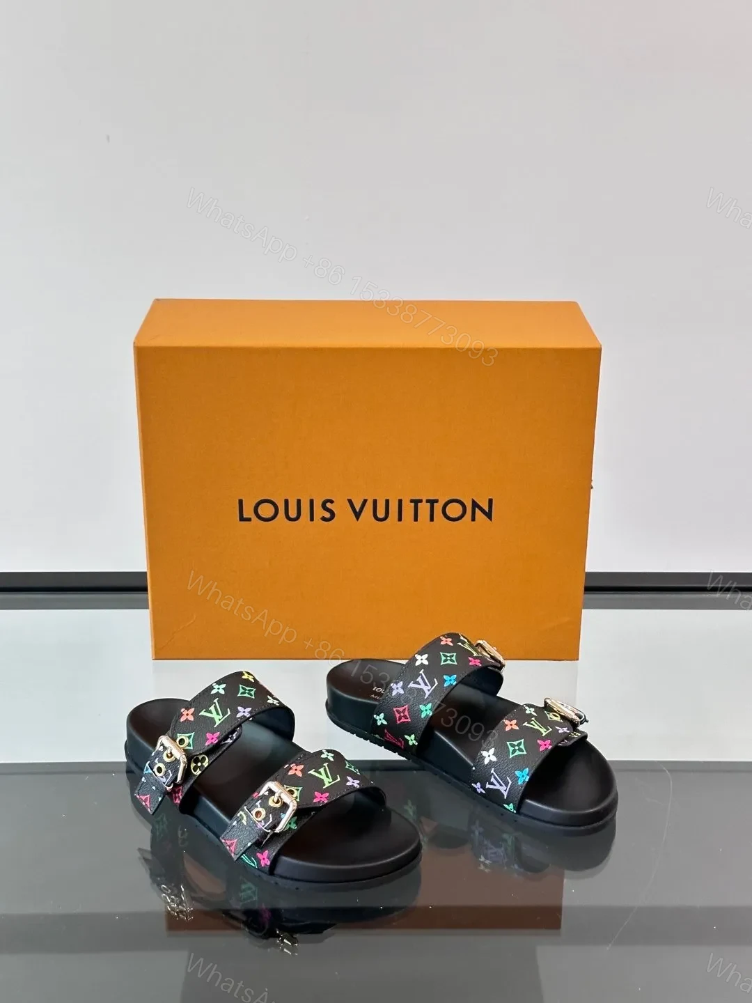 View 5 of LV Men Black Leather Multicolor Monogram Slides