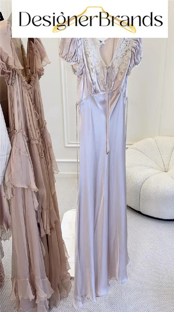 View 2 of Chloe Pale Pink Silk Satin Maxi Dress with Lace Trim