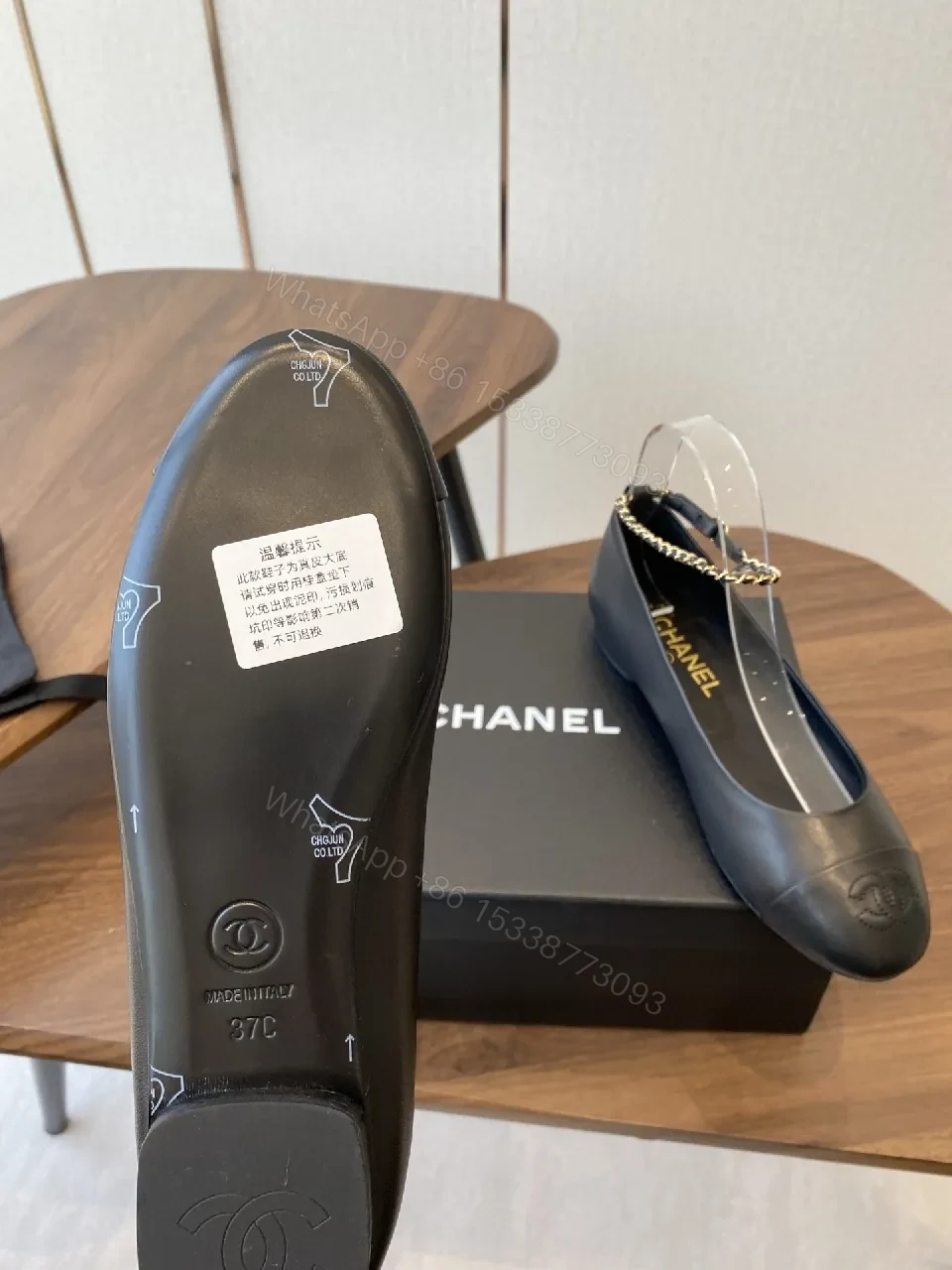 View 6 of Black Leather Slingback Heels with Gold Chain Accent