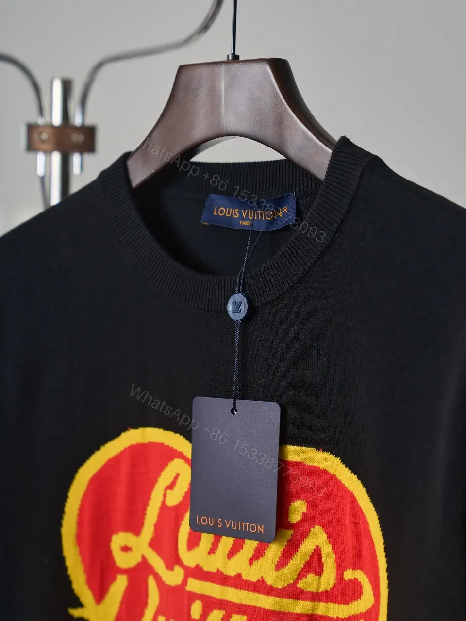 View 4 of Black Embroidered Heart Crewneck T-Shirt Louis Vuitton Logo Outline Feature