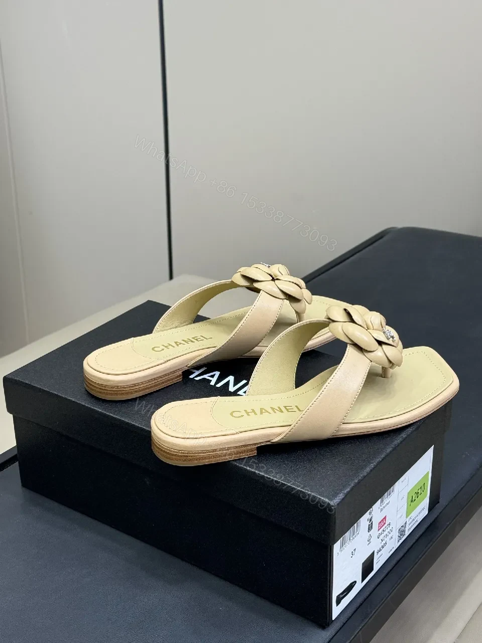 View 4 of Beige Leather Slide + Flower Embellishment + Luxe-Casual + All-Day Comfort + Slide