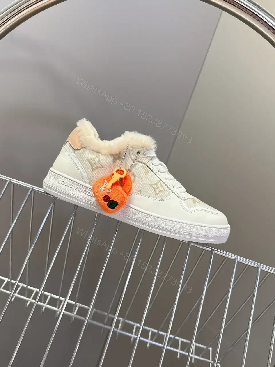 View 3 of White Leather Fur-Trim High-Top Sneakers + Plush Detail