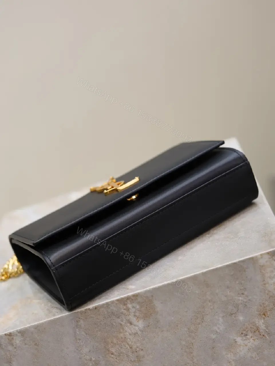 View 6 of Black Leather Bag with Gold YSL-Inspired Logo, Compact, Everyday Glam