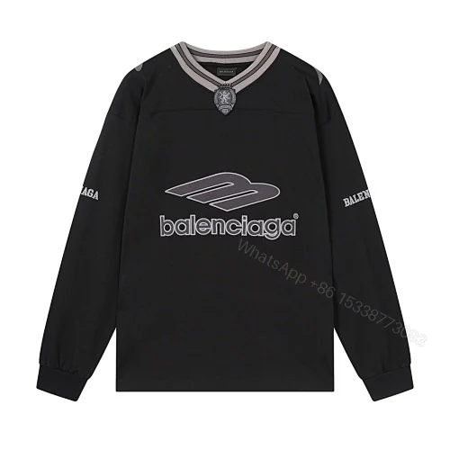 View 8 of Balenciaga Clothes 3B Silhouette Ribbed V-Neck Embroidered & Printed Long-Sleeve T-Shirt Black/Blue