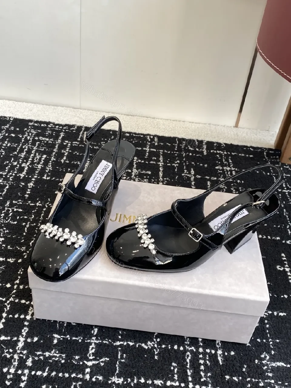 View 6 of Crystal-Embellished Black Patent Slingbacks with Adjustable Strap