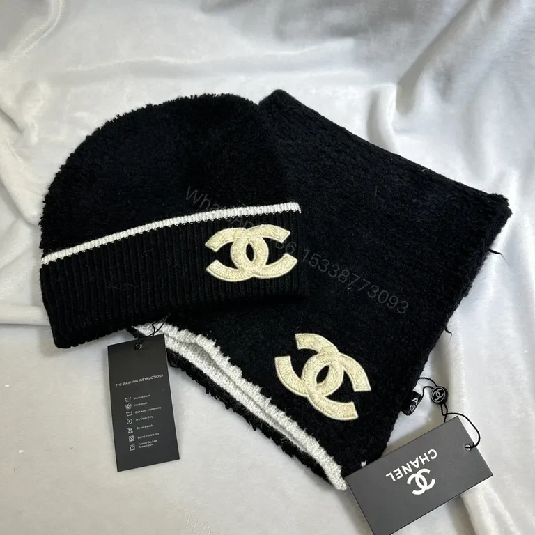 View 9 of Chic Logo Plush Scarf & Beanie Set â€“ Cream/Black, Cozy Luxury