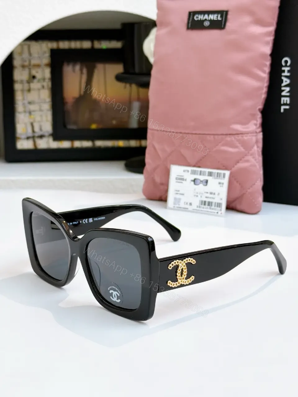 Oversized Black Acetate Sunglasses with Gold Logo Details — view 1