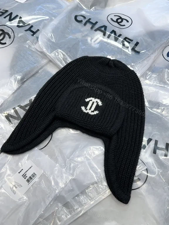View 7 of Chanel-Inspired Knit Ear Warmer Cap with Logo Patch