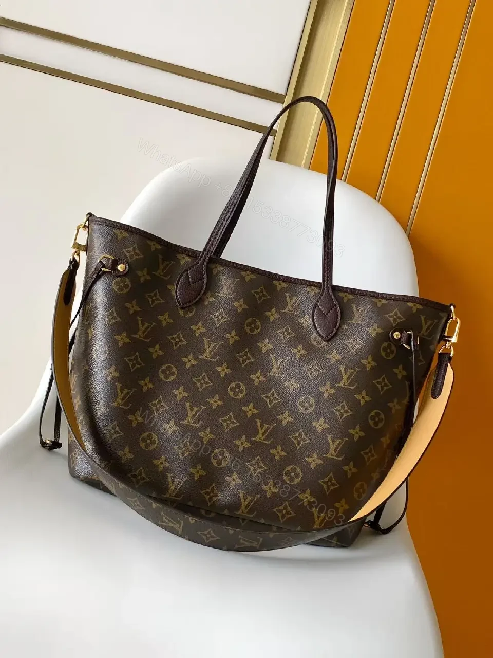 View 5 of Brown Canvas Tote Bag Monogram Structured Top-Handle with Shoulder Strap