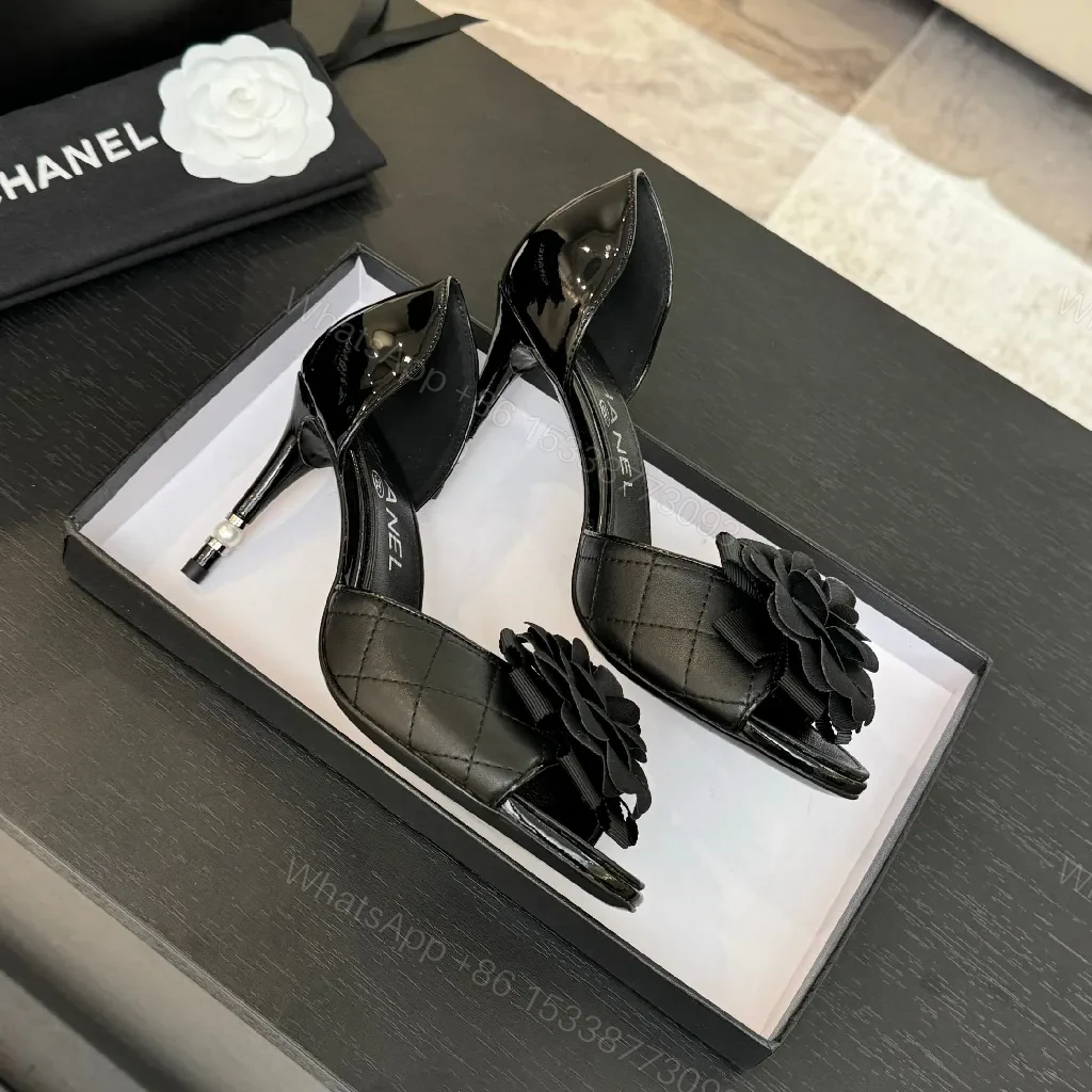 View 5 of Black Satin Floral Overlay Sandals – Luxe Stiletto, Open-Toe, Memory-Foam Comfort