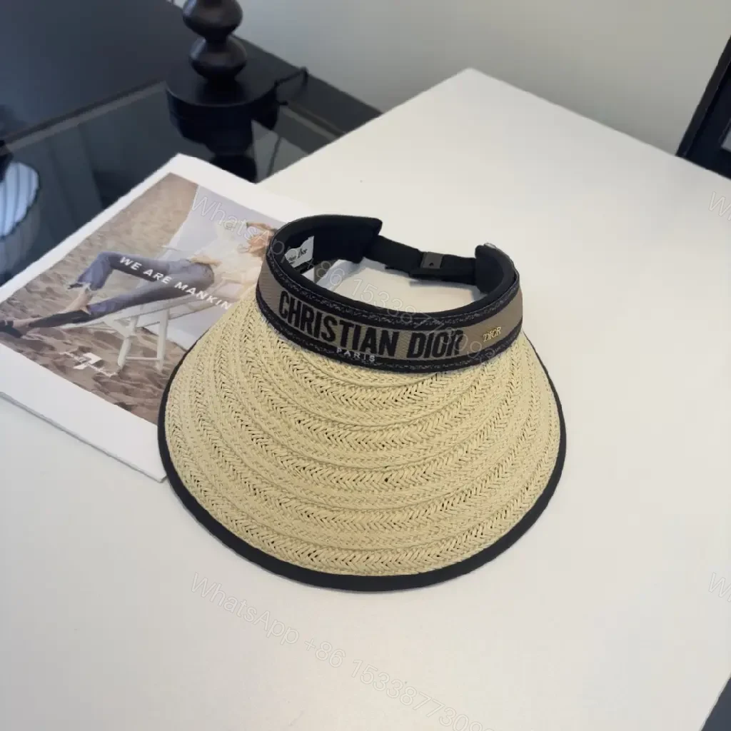 View 5 of Beige Braided Straw Visor Hat with Black Trim and Band