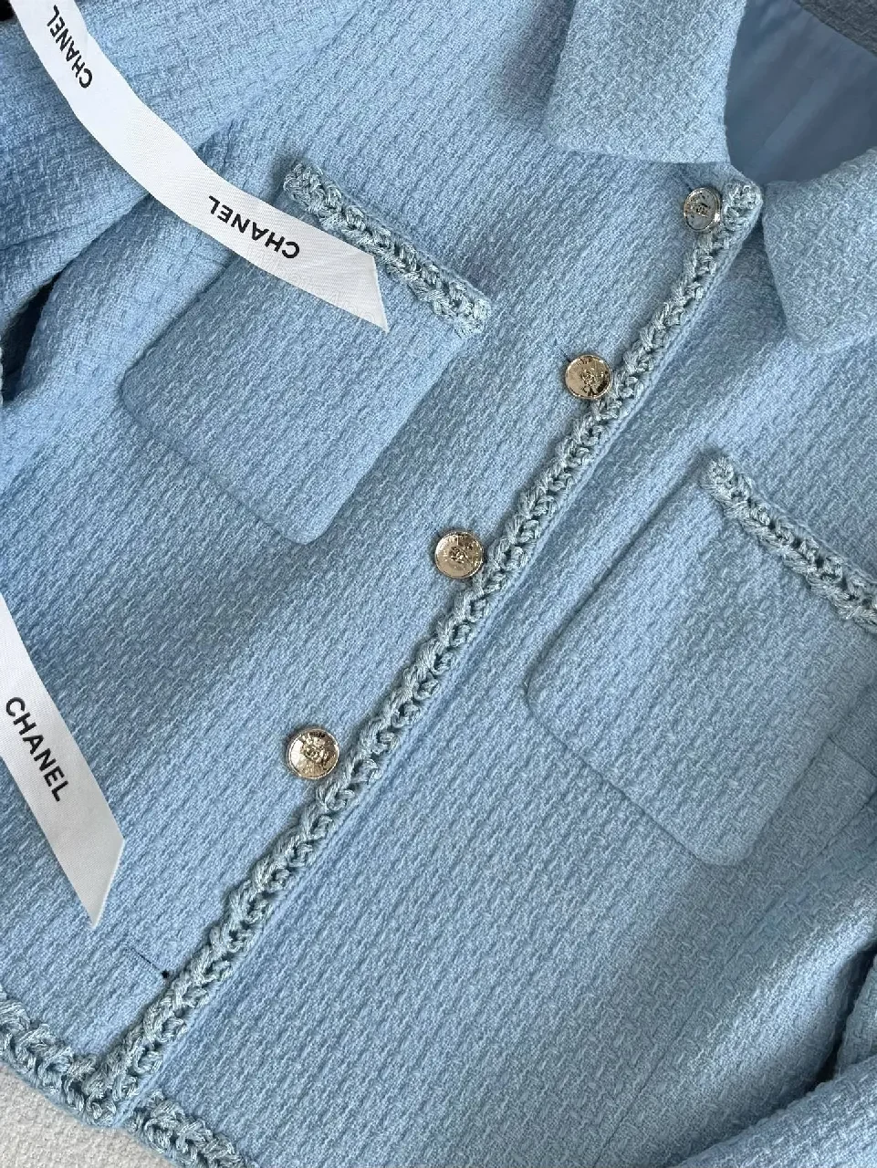 View 6 of Soft Blue Tweed Jacket with Fringe Detail, Light-Cropped Style