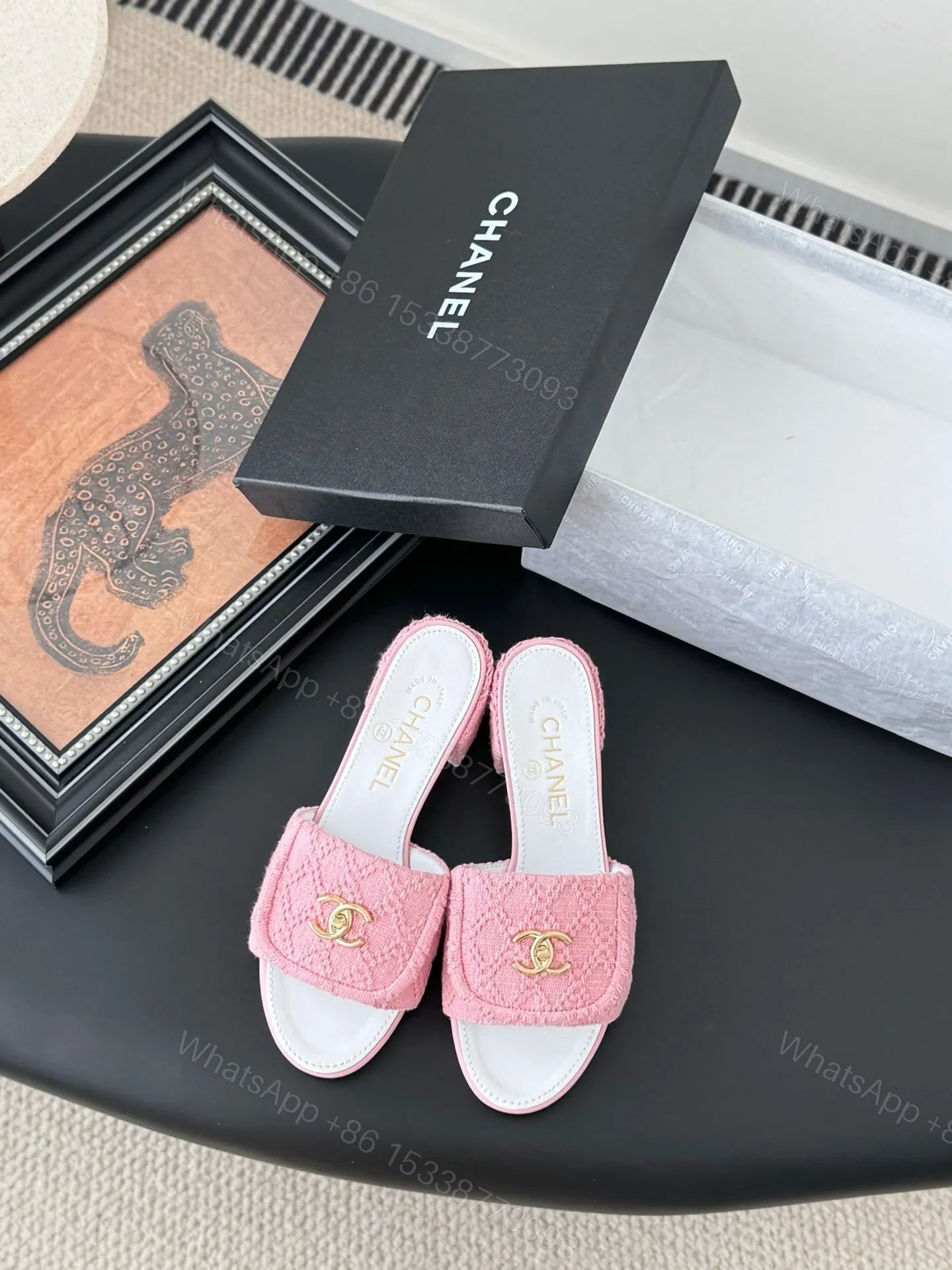 Chanel Women Pink Tweed Slides — view 1