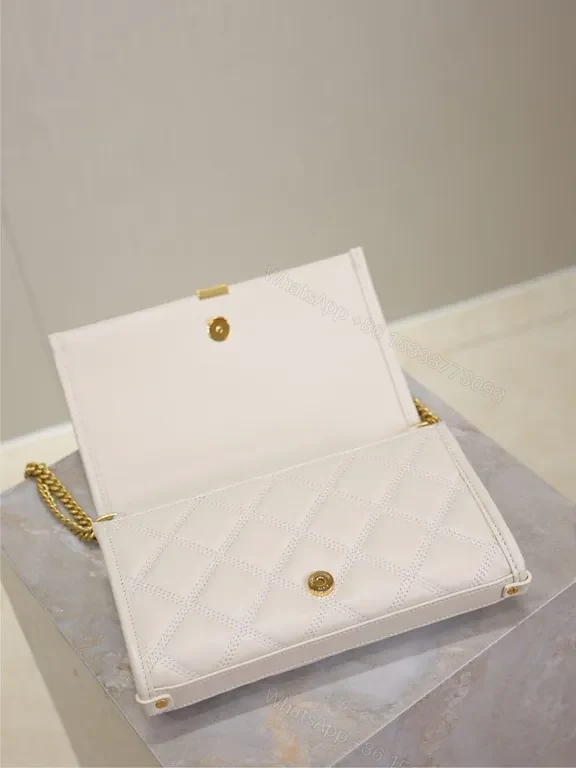 View 9 of White Quilt Leather Crossbody Bag with Gold YSL Logo