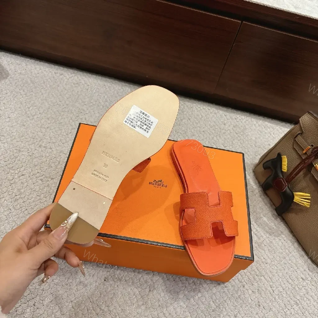 View 6 of Orange Leather Minimalist Slide Sandals - All-Day Comfort