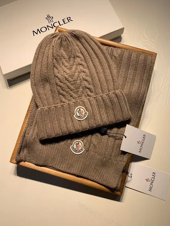 Taupe Wool-Blend Moncler Knit Set: Beanie & Scarf, Luxury Winter — view 1