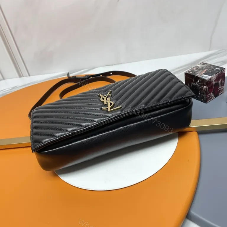 View 6 of Quilted Noir Leather Crossbody Bag with Gold YSL Accent