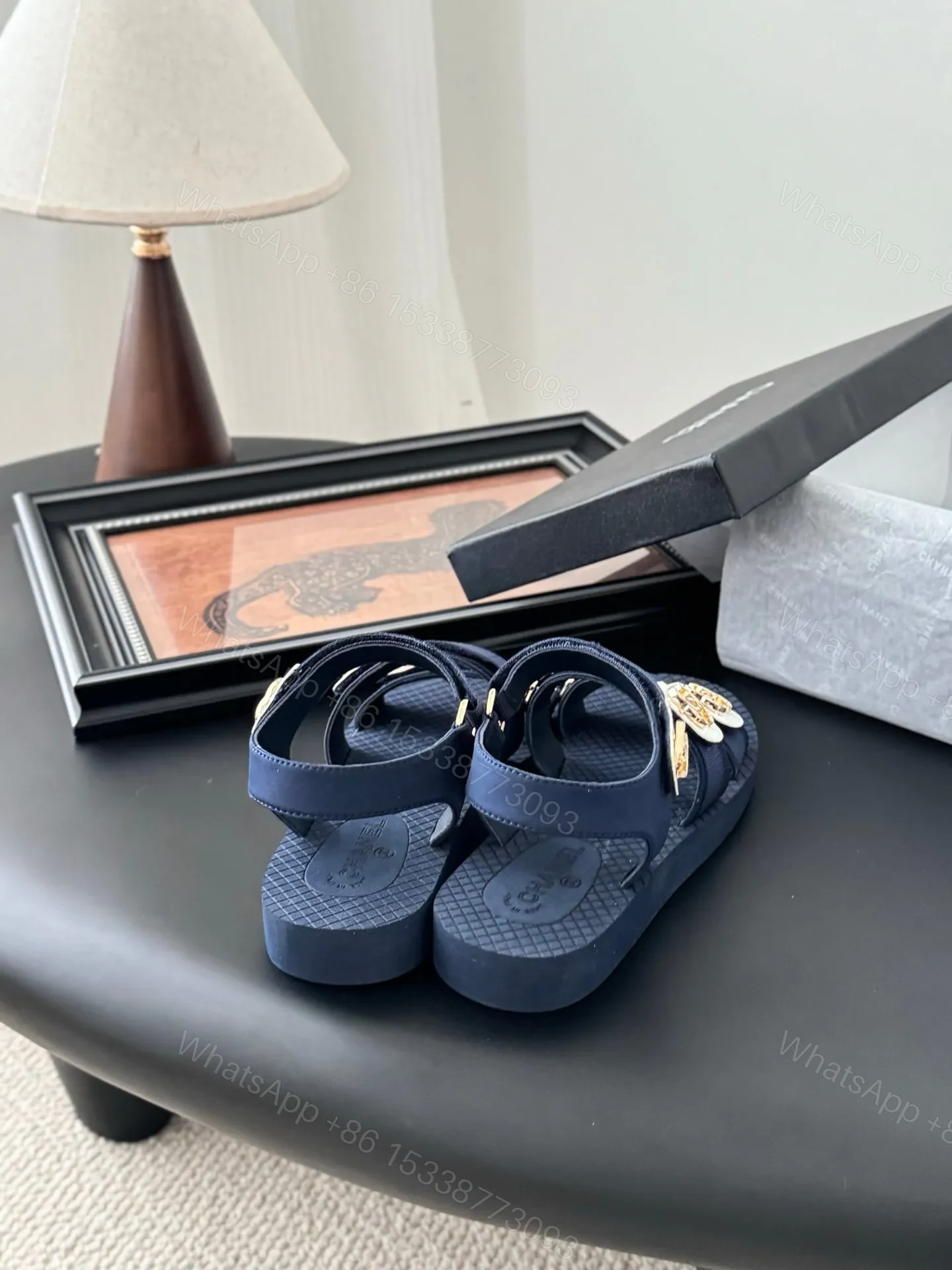 View 3 of Chanel Women Navy Fabric And Rubber Sandals