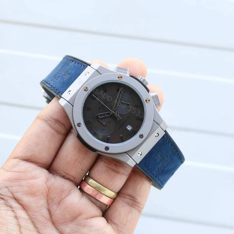 View 2 of First Copy Hublot Big Bang Chronograph Automatic Watch With Grey Dial And Blue Leather Strap