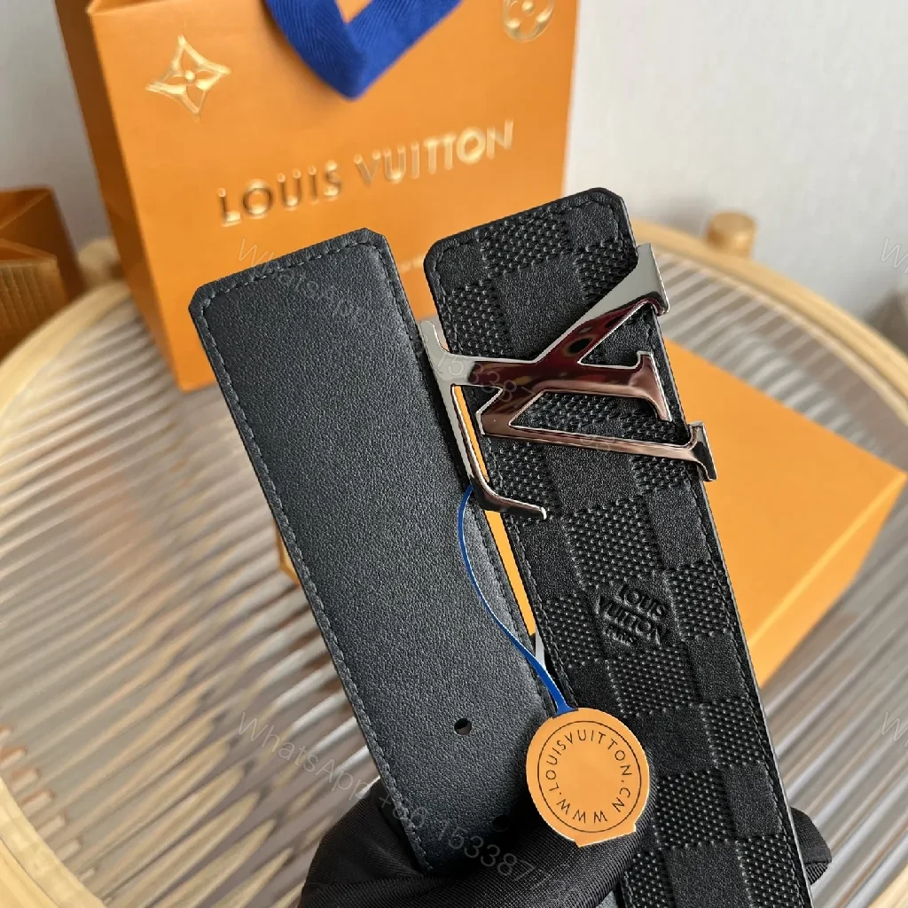 View 5 of Checkerboard Leather Belt with LV-Look Buckle