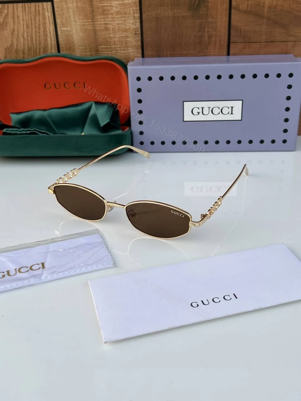 First Copy Gucci 32827 Gold Brown Luxury Designer Sunglasses Premium UV Protection Eyewear — view 1