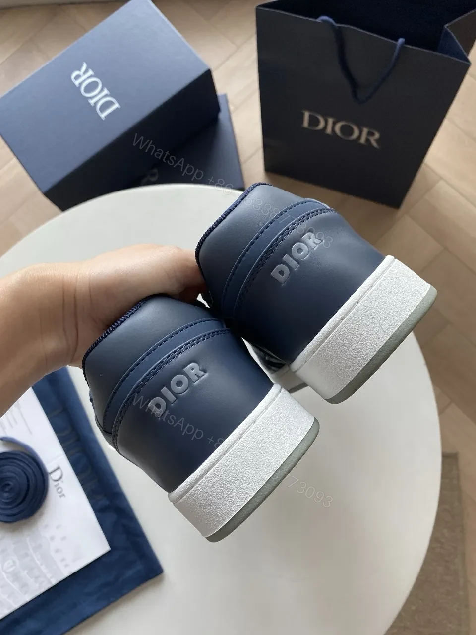 View 4 of Navy Leather Dior-Style Monogram Sneaker with Textured Panels
