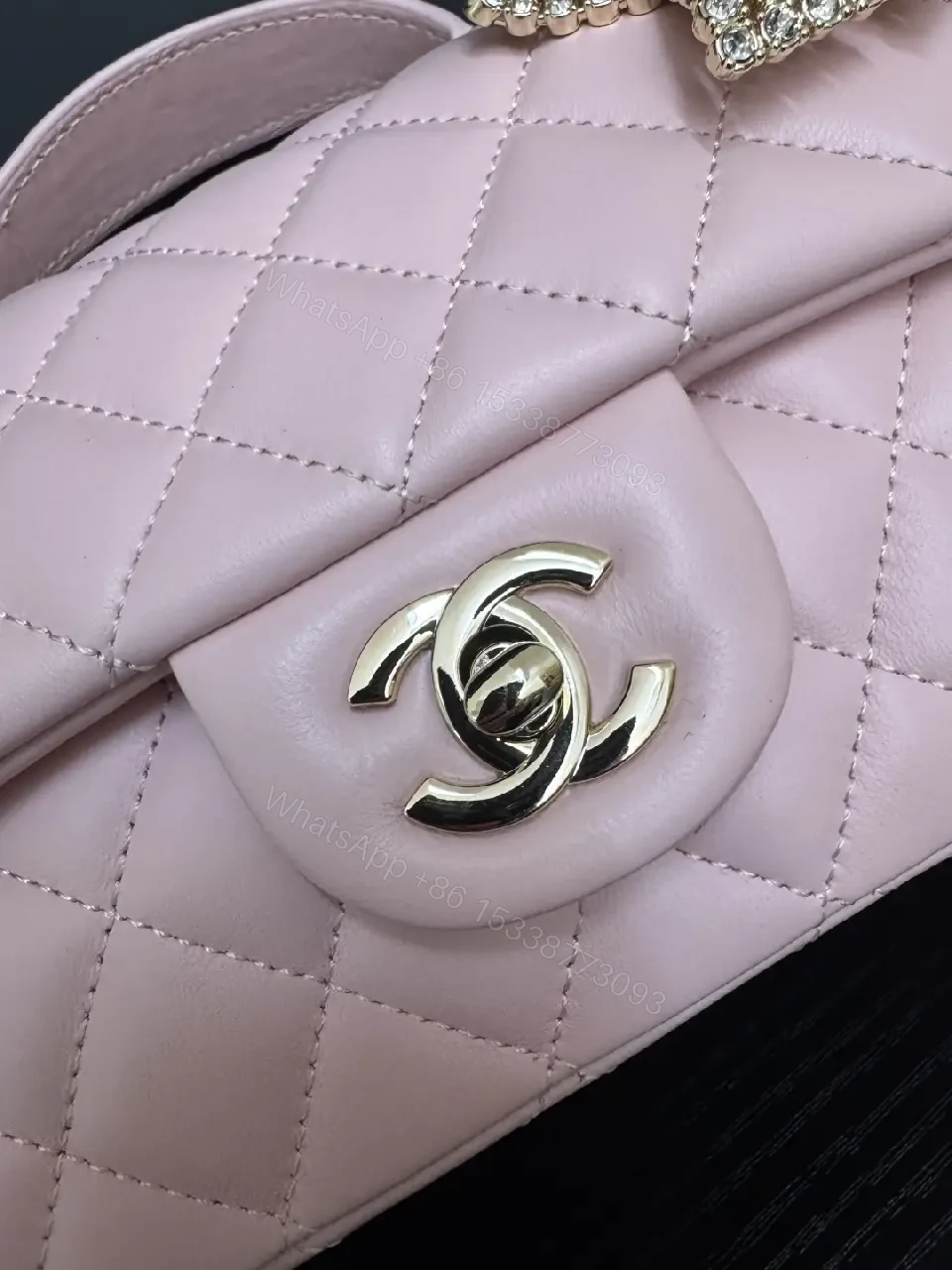 View 8 of Pink Quilted Mini Flap Bag with Crystal Bow Accent (No Brand)