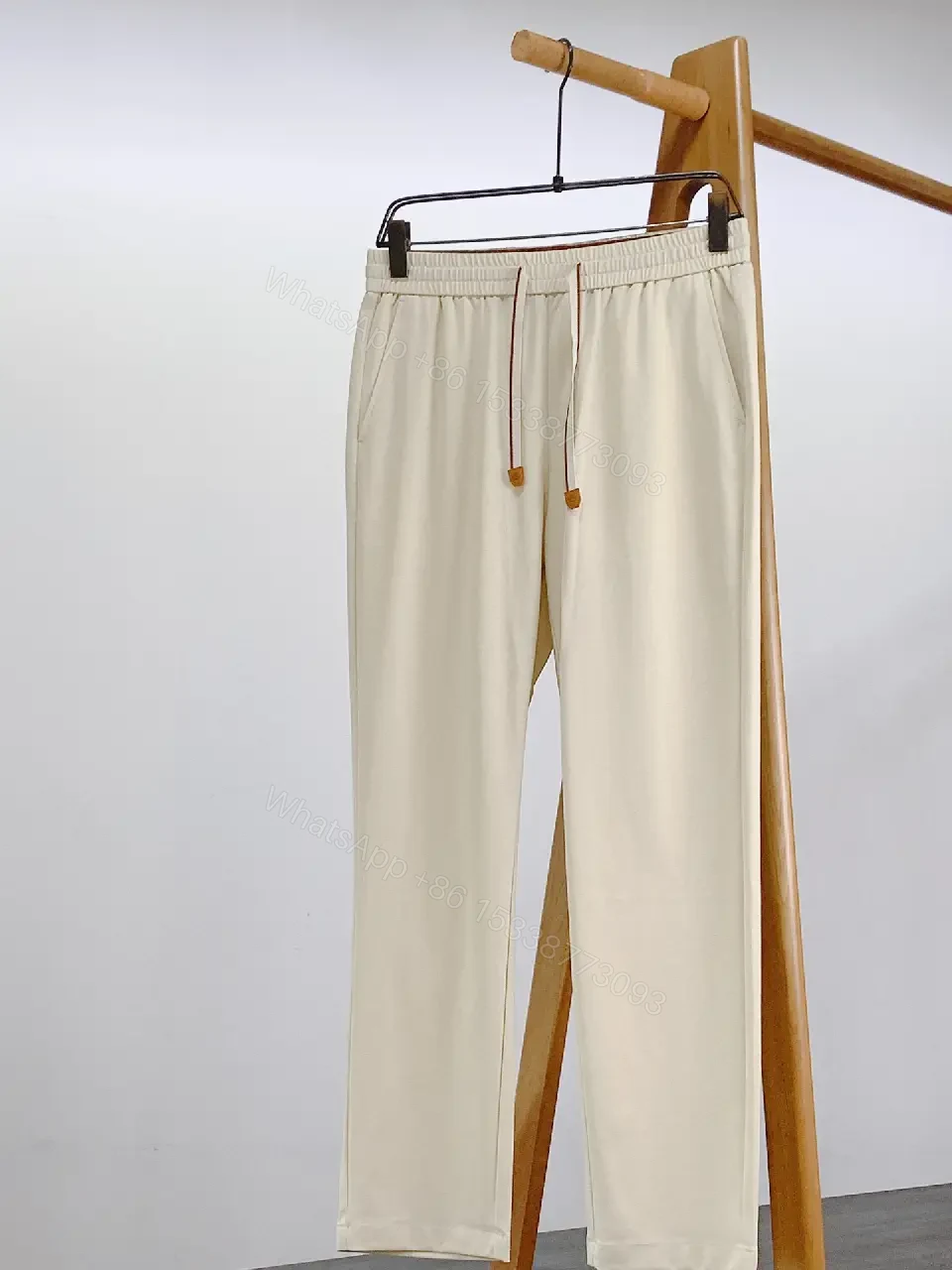 View 8 of Light Beige Drawstring Relaxed Pants with Elastic Waist, Smooth Solid Fabric, Full-Length Straight-Leg
