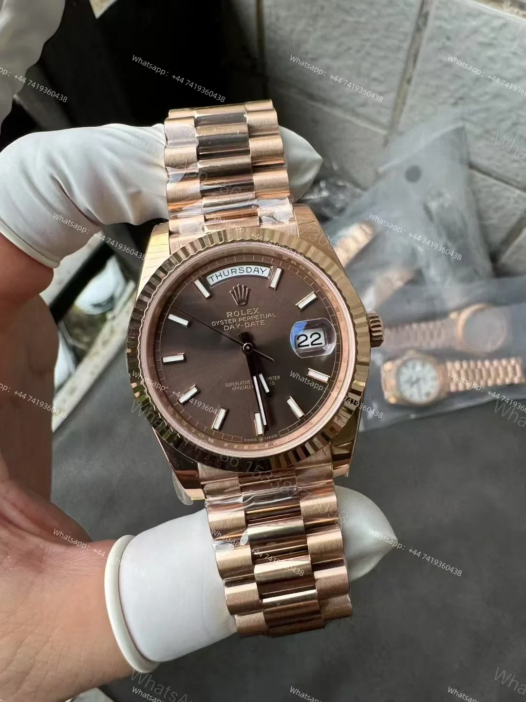 View 3 of Rolex Day-Date M228235-0053 1:1 Replica Rose Gold Chocolate Dial 40MM 3255 Movement Presidential Bracelet Super Clone Watch
